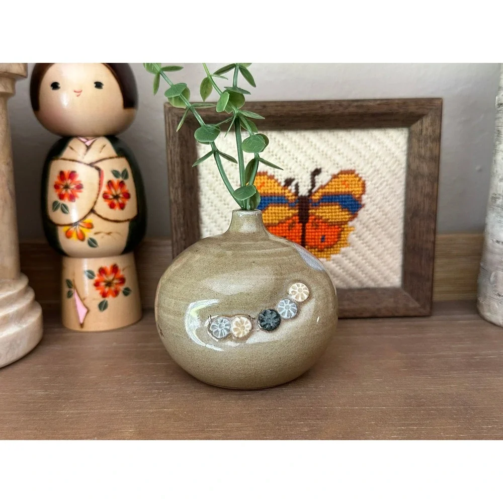 Vintage Studio Pottery Bud Vase Signed Tan Ceramic Floral Round Small 3.5in
